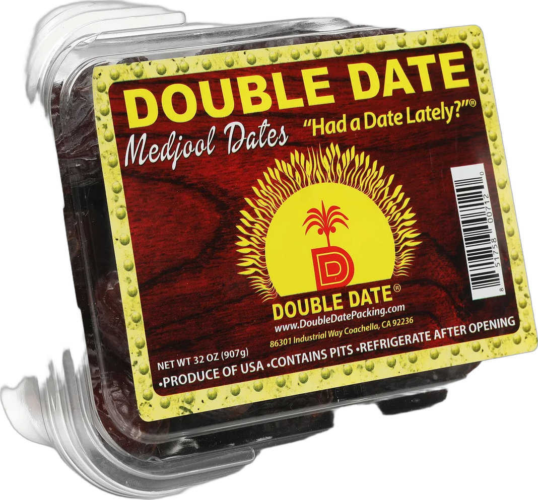 Double Date Medjool Dates clamshell with label